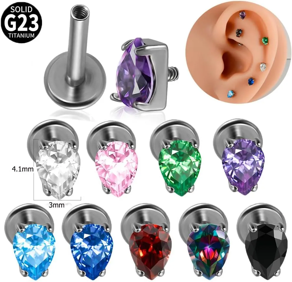 16G CZ Lip Studs Cartilage Stud Earrings G23 Titanium Conch Helix Tragus Studs Flat Back Earrings Sparkling Labret Monroe Medusa Piercing Jewelry for Women Men