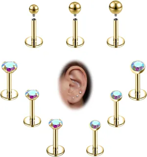 16g/18g Internal Thread CZ Stud Surgical Steel Piercing Jewelry for Tragus, Nose, Helix, Conch, Medusa, Lip, Labret - Cartilage Earring for Women Men 9pcs
