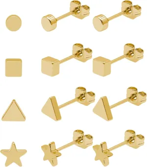 16pcs Stud Earrings for Women Men Geometric Small Stud Earring Set Hypoallergenic Circle Star Triangle Square Stud Earrings Tiny Stud Earrings 16pcs Earring Backs Replacements (K Gold)