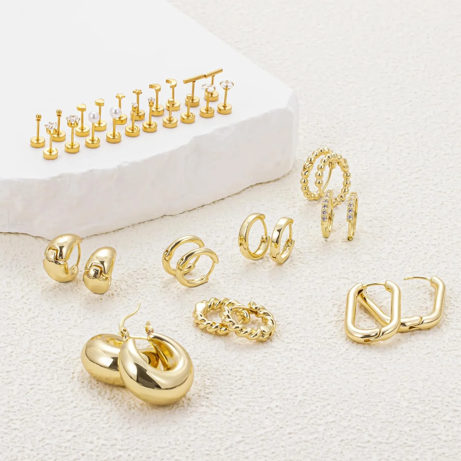 18 Pairs Hoop Stud Earrings Set for Women Gold Flat Back Stud Dainty Chunky Hoop Earring Hypoallergenic Stackable Earrings Sets for Multiple Piercing