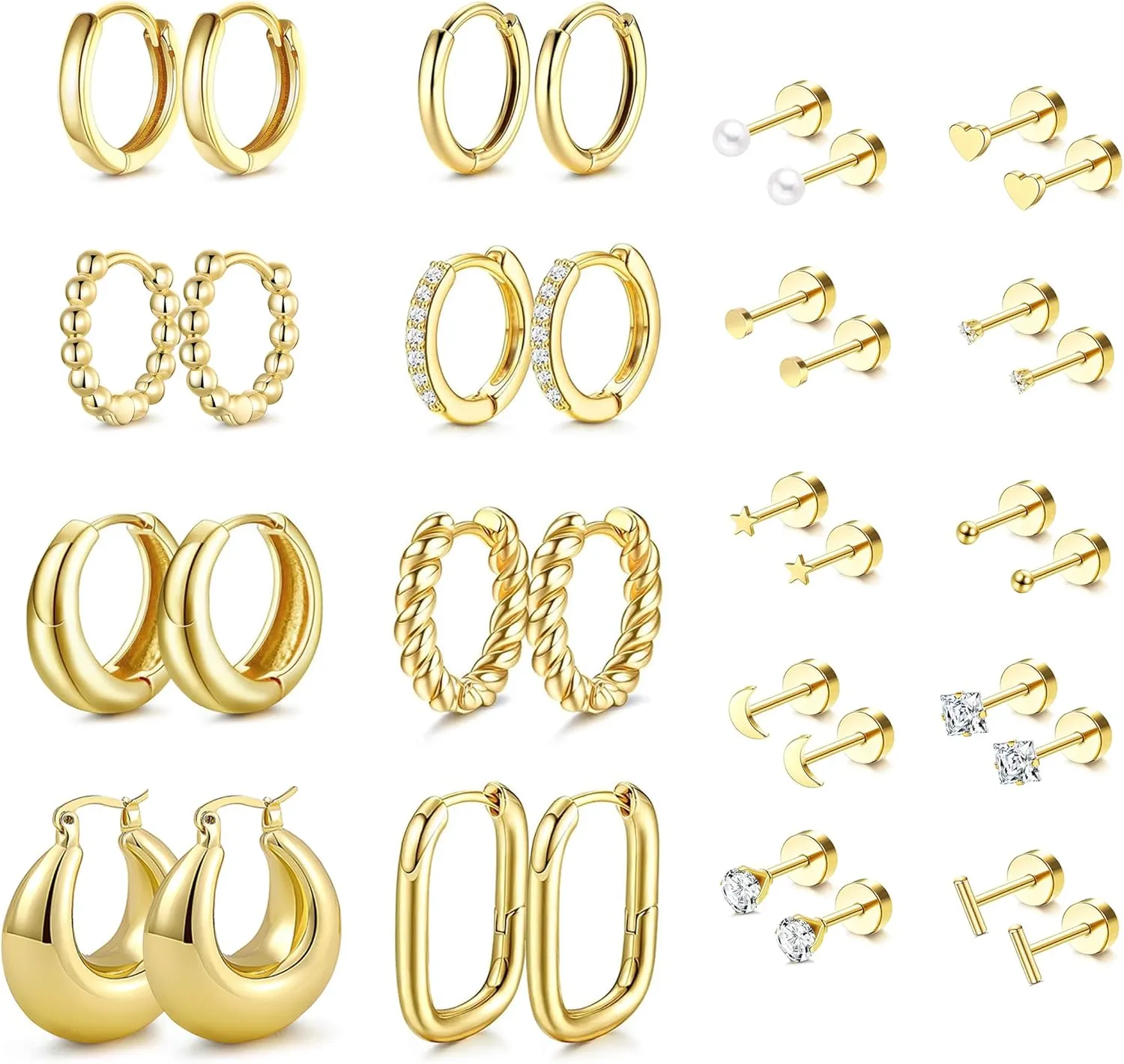 18 Pairs Hoop Stud Earrings Set for Women Gold Flat Back Stud Dainty Chunky Hoop Earring Hypoallergenic Stackable Earrings Sets for Multiple Piercing