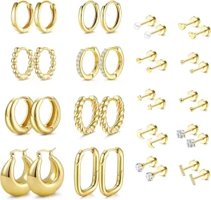 18 Pairs Hoop Stud Earrings Set for Women Gold Flat Back Stud Dainty Chunky Hoop Earring Hypoallergenic Stackable Earrings Sets for Multiple Piercing
