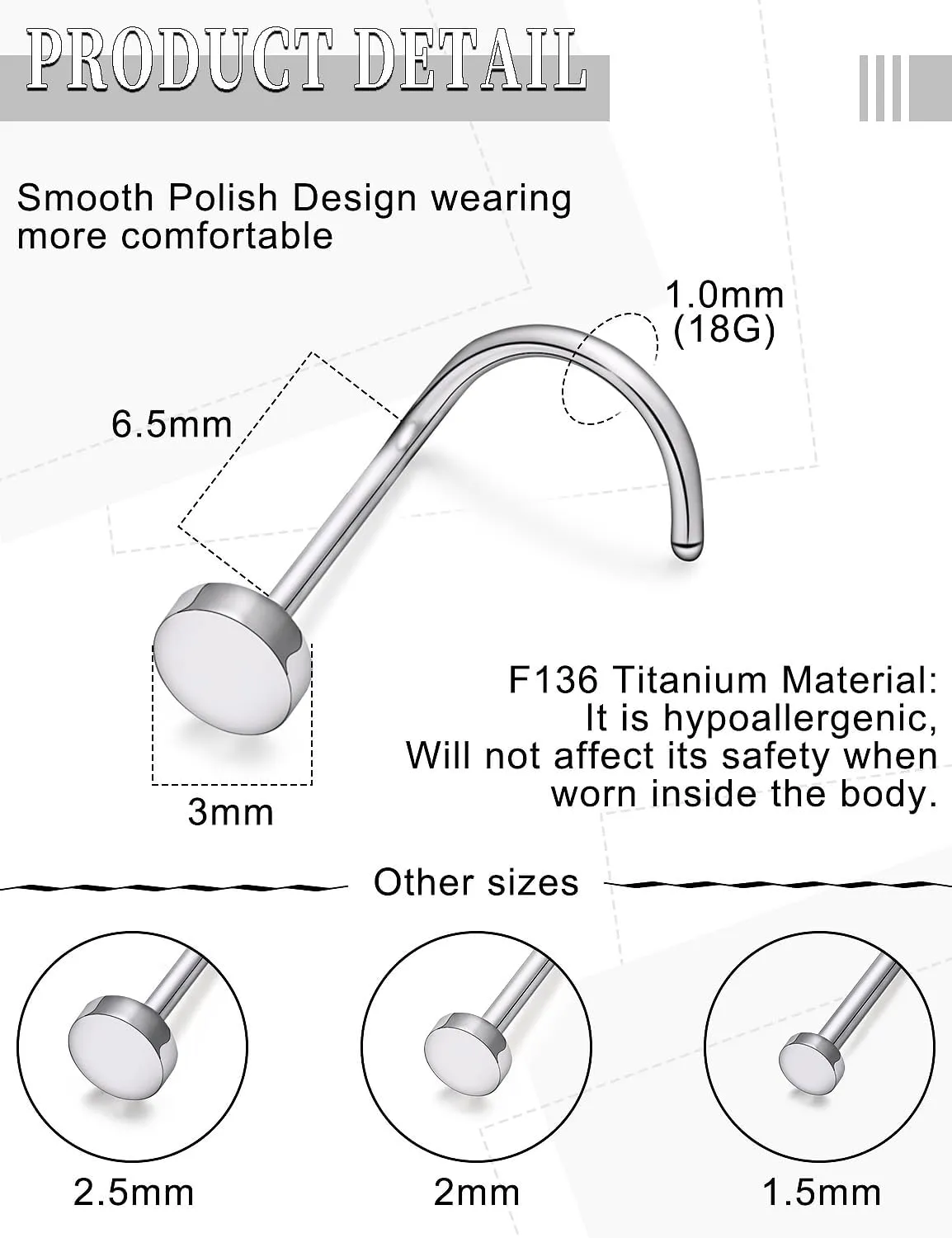 18G 20G 22G Astm F136 Titanium Nose Rings Studs Piercing Jewelry for Women Men Nose Nostril Piercing Jewelry Top Flat 1.5mm 2mm 2.5mm 3mm 4 Pair