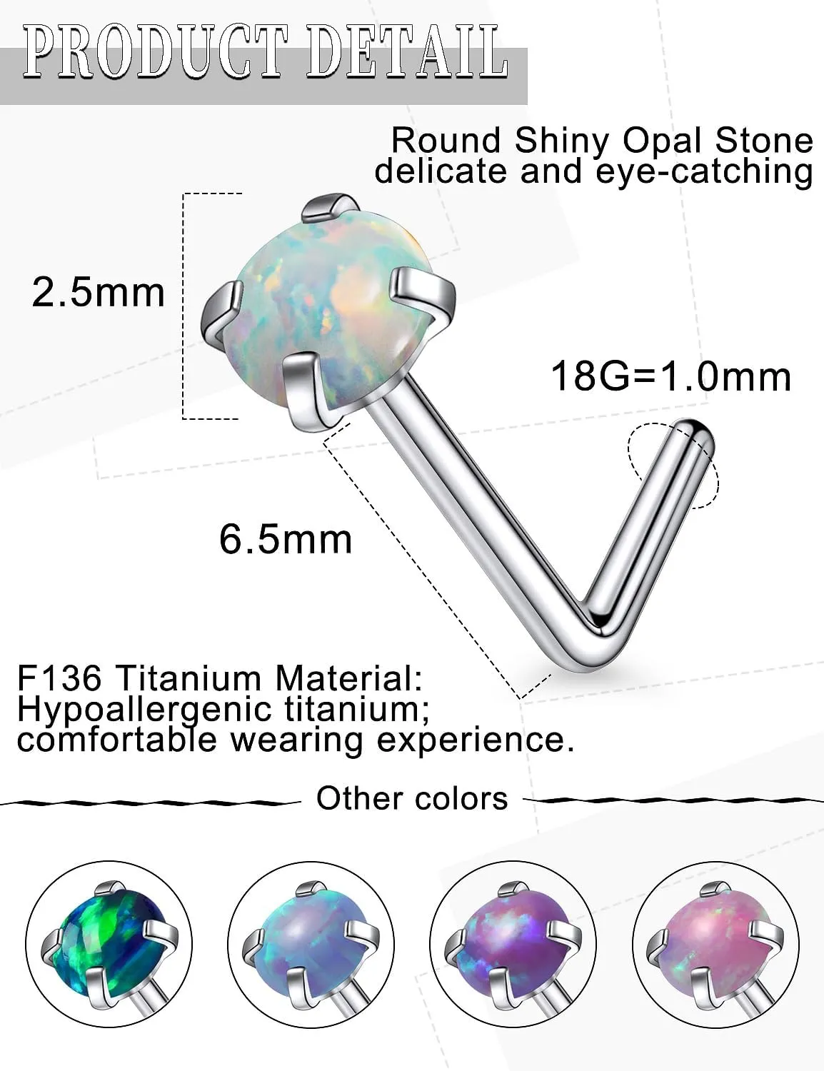 18G 20G 22G Astm F136 Titanium Nose Rings Studs Piercing Jewelry for Women Men Opal Nose Rings Nostril Piercing Jewelry Top Opal 1.5mm 2mm 2.5mm 3mm 5PCS