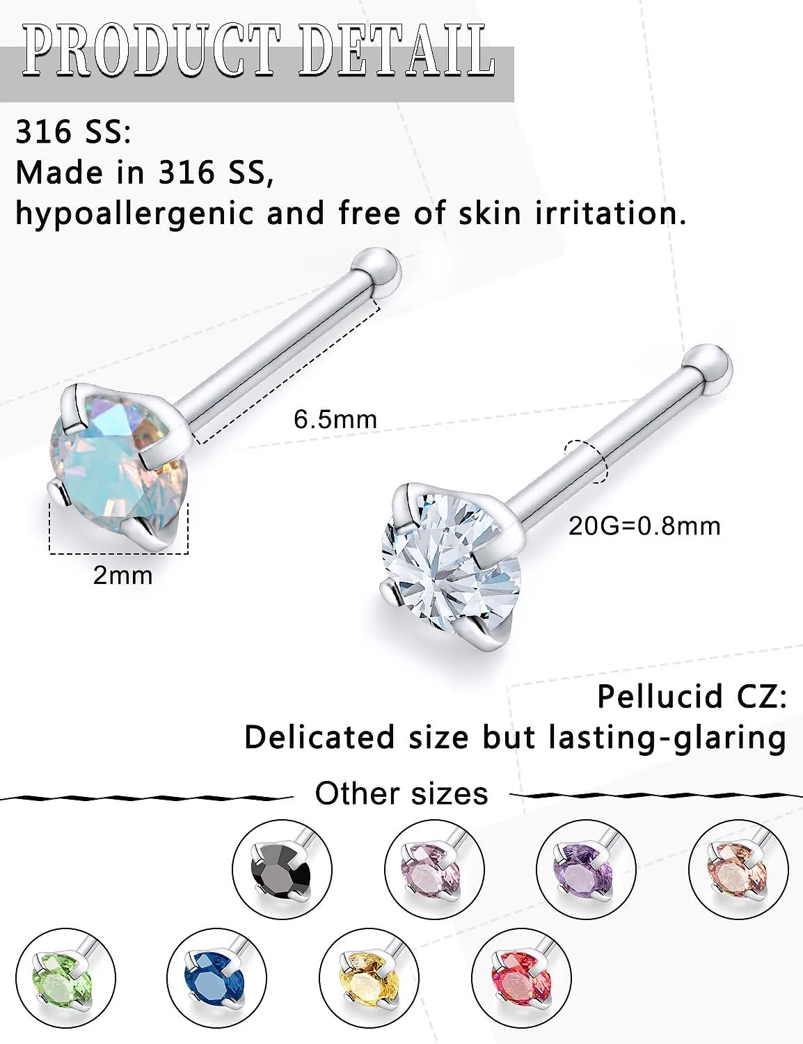 18G 20G 22G Surgical Steel Cubic Zirconia Nose Rings Studs for Women Men Nose Piercing Jewelry Top Diamond 1.5mm 2mm