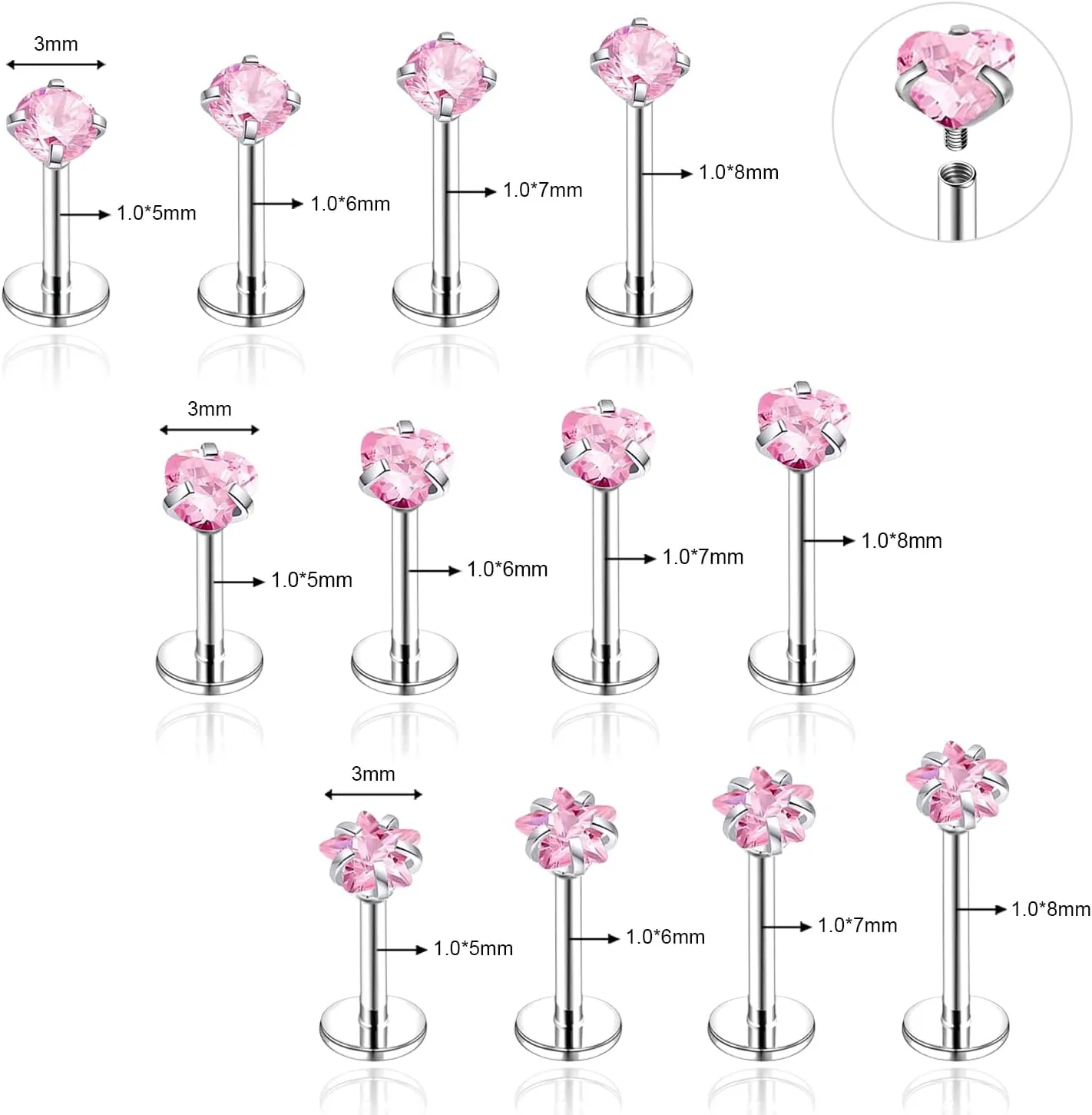 18G/16G Surgical Steel Internal Thread CZ Stud Piercing Jewelry for Tragus/Nose/Helix/Conch/Medusa/Lip/Labret - Helix Tragus Cartilage Earring for Women Men 16Pcs