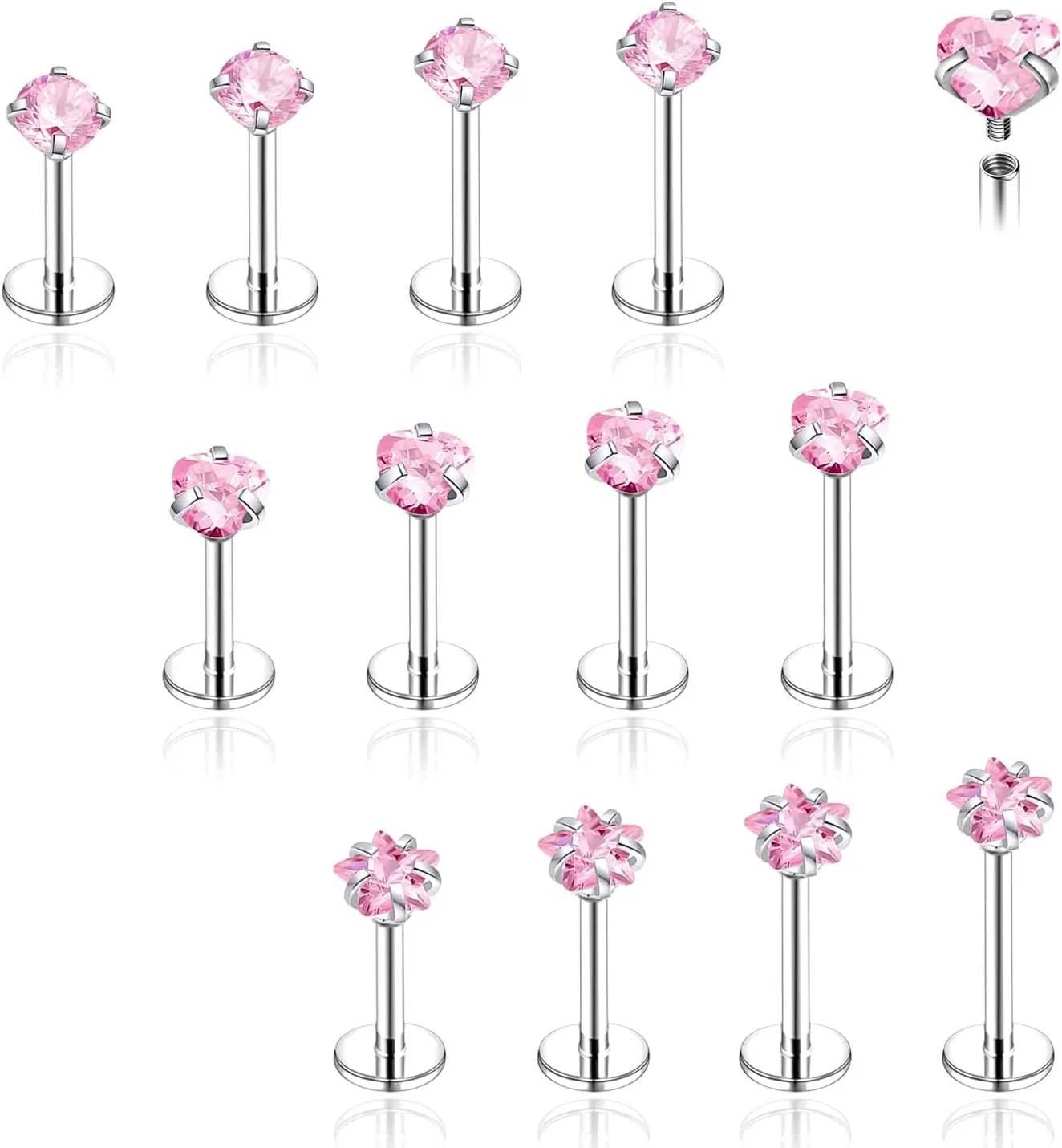 18G/16G Surgical Steel Internal Thread CZ Stud Piercing Jewelry for Tragus/Nose/Helix/Conch/Medusa/Lip/Labret - Helix Tragus Cartilage Earring for Women Men 16Pcs