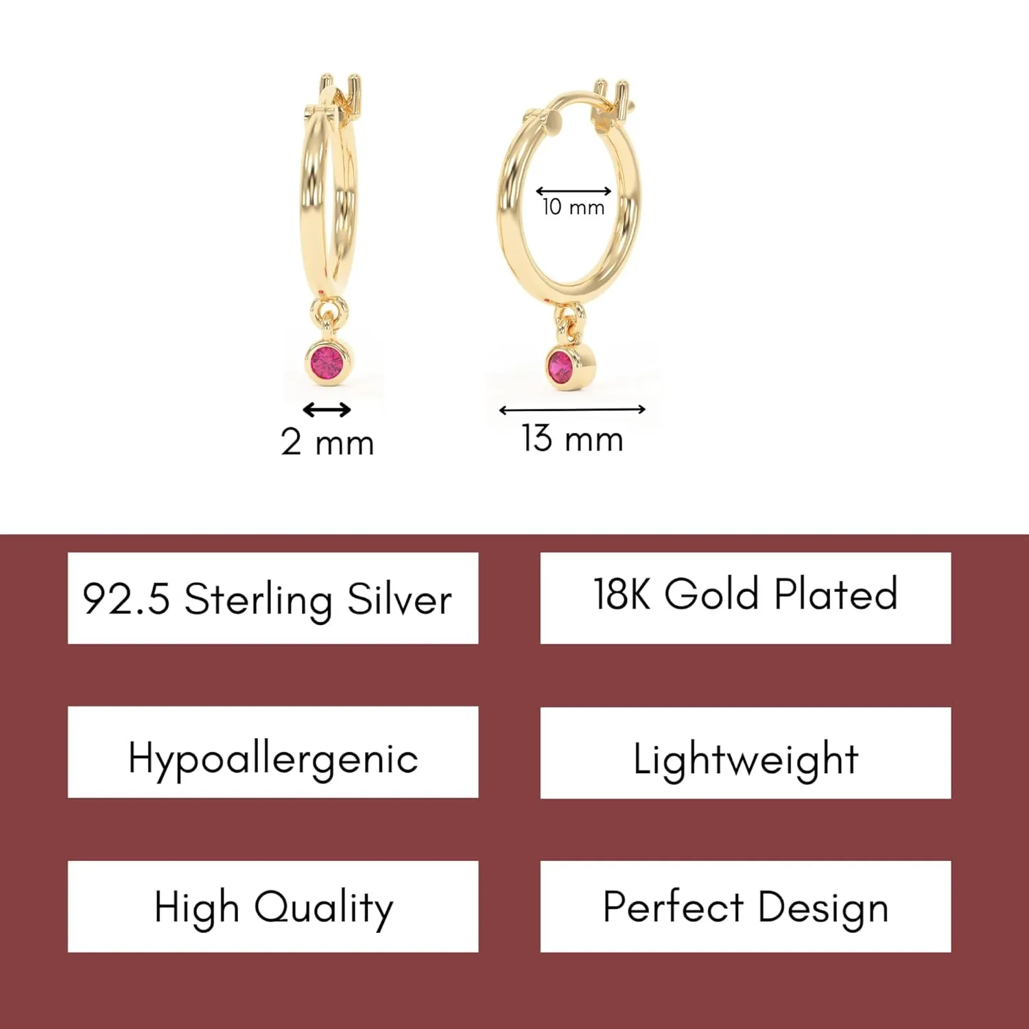18K Gold Hoop Earrings for Women - Authentic 925 Sterling Silver Hoop Earrings with Ruby Crystal - Hypoallergenic July Birthstone Gift for Mothers Day
