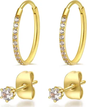 18K Gold Plated 12mm Hinged Hoop Earrings & 3mm Cubic Zirconia Stud Earrings Sets 316L Surgical Steel Small Cartilage Earrings Round Stud Earrings for Women Men Gold-Silver-Black