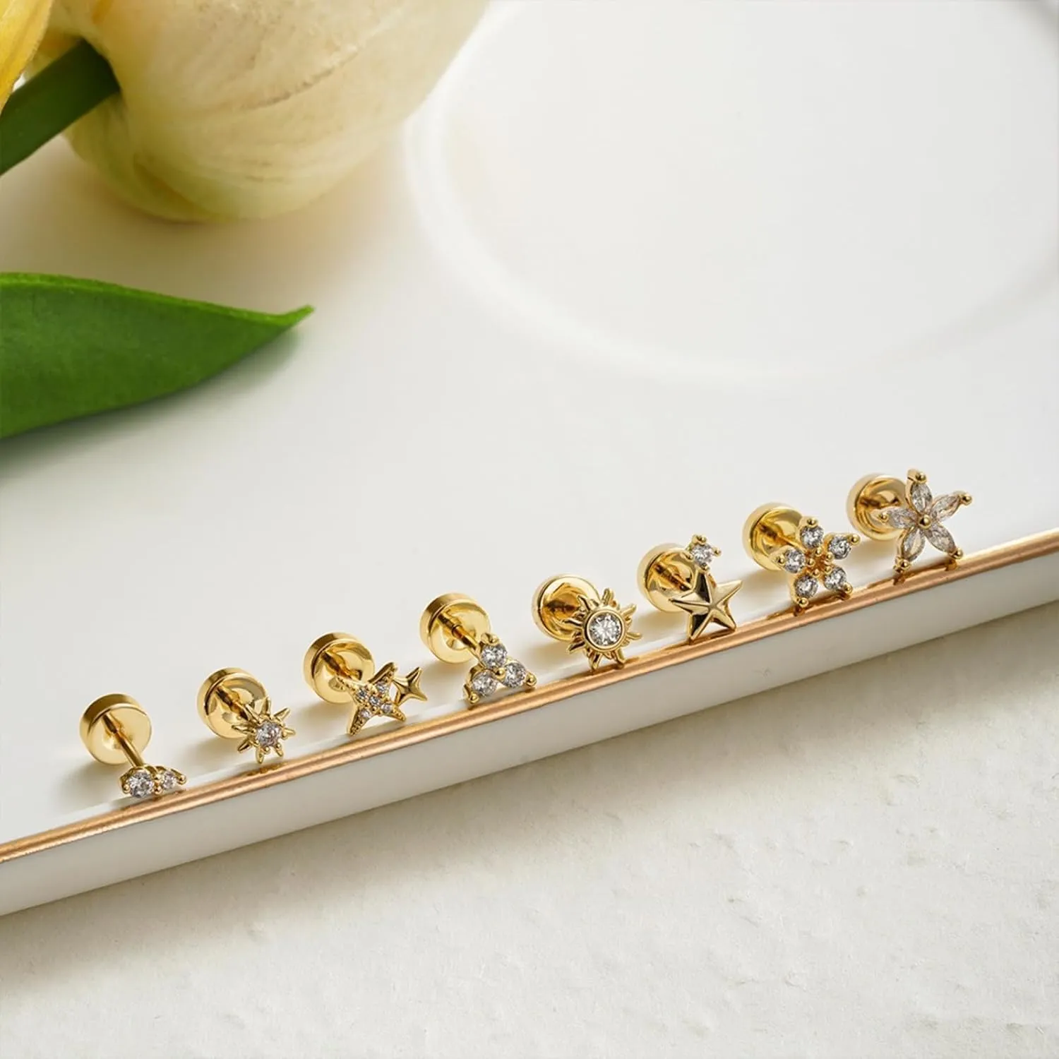 18K gold plated stainless steel ear studs, mini ear studs, minimalist screw earrings