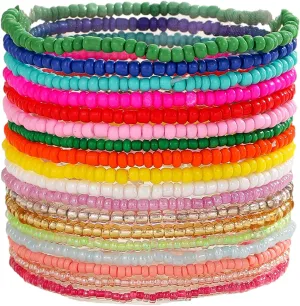 18Pcs Colorful Bohemia Seed Beaded Bracelets Handmade Adjustable Stackable Rainbow Beaded Stretch Bracelet Anket Multilayer Vaction Elastic Bracelet for Women Summer Beach Boho Jewelry Gifts