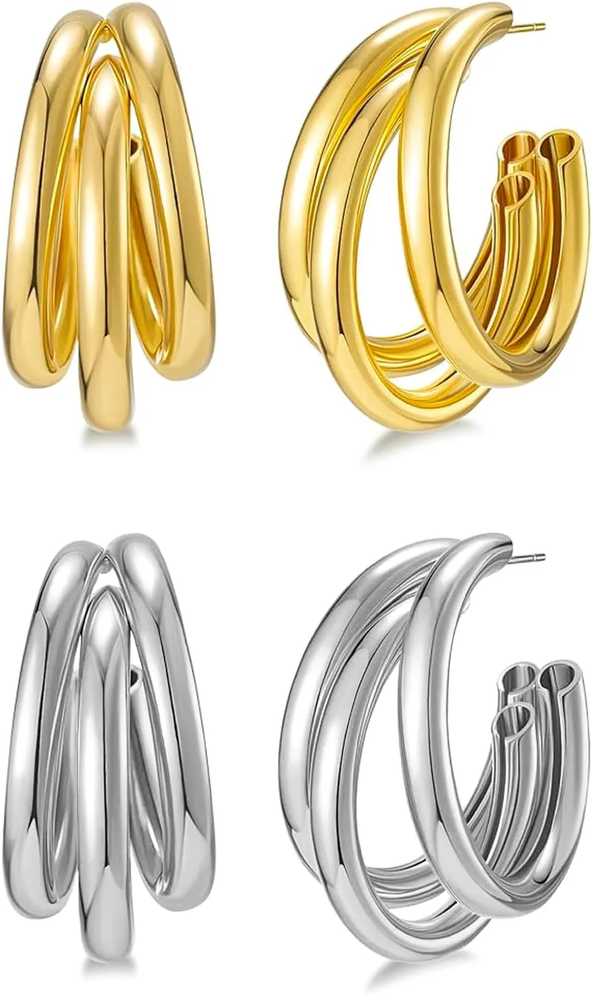 2 Pairs Gold/Silver Hoop Earrings For Women Set Trendy,14K Plated Gold Chunky Huggie Hoop Earings Pack,Oval Twisted Statement Silver Hoops,Fashion Jewelry Gift