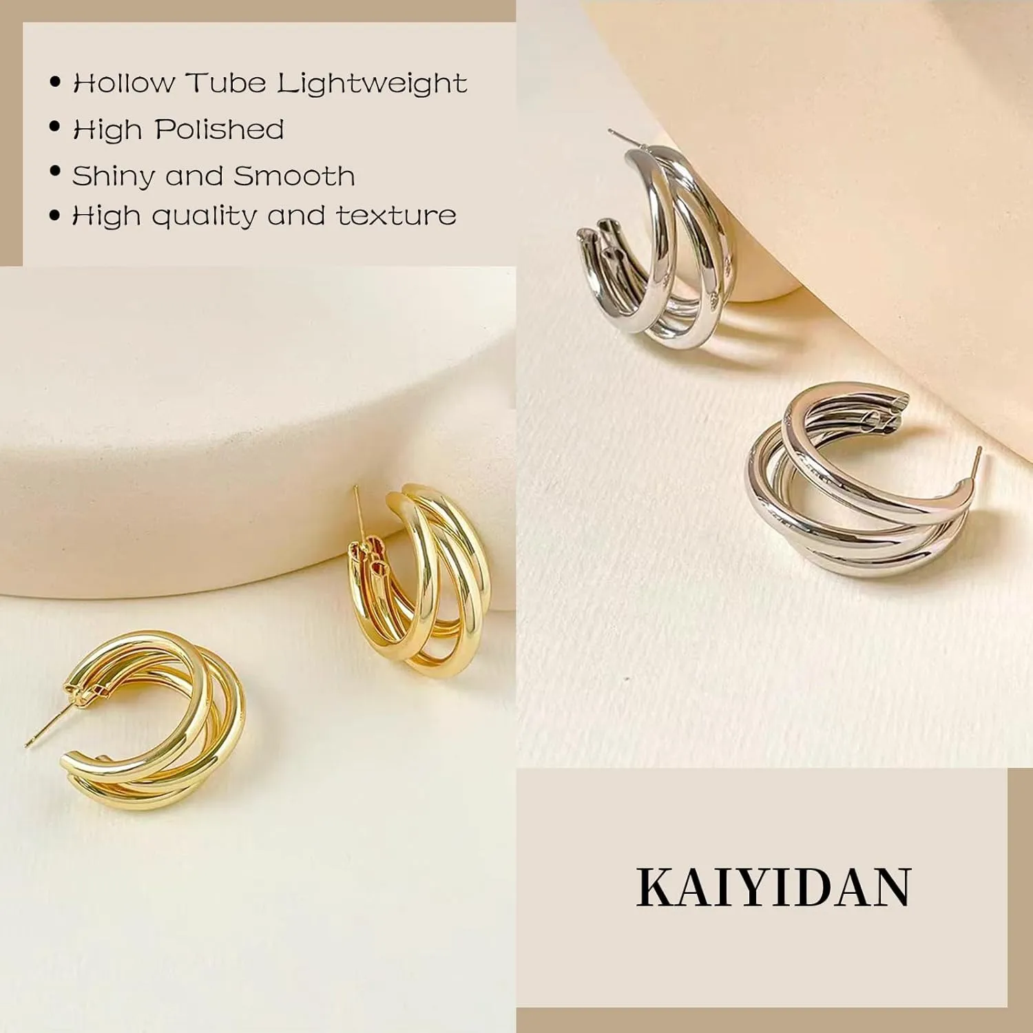 2 Pairs Gold/Silver Hoop Earrings For Women Set Trendy,14K Plated Gold Chunky Huggie Hoop Earings Pack,Oval Twisted Statement Silver Hoops,Fashion Jewelry Gift