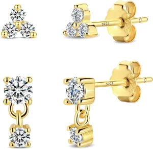 2 Pairs Sterling Silver Moissanite Stud Earrings:14k Gold Plated Delicate Sparkling Round Cut - Silver VVS1 Solitaire Precious Gorgeous Birthday Christmas Valentine's Day Wedding Brides Jewelry Gift Women