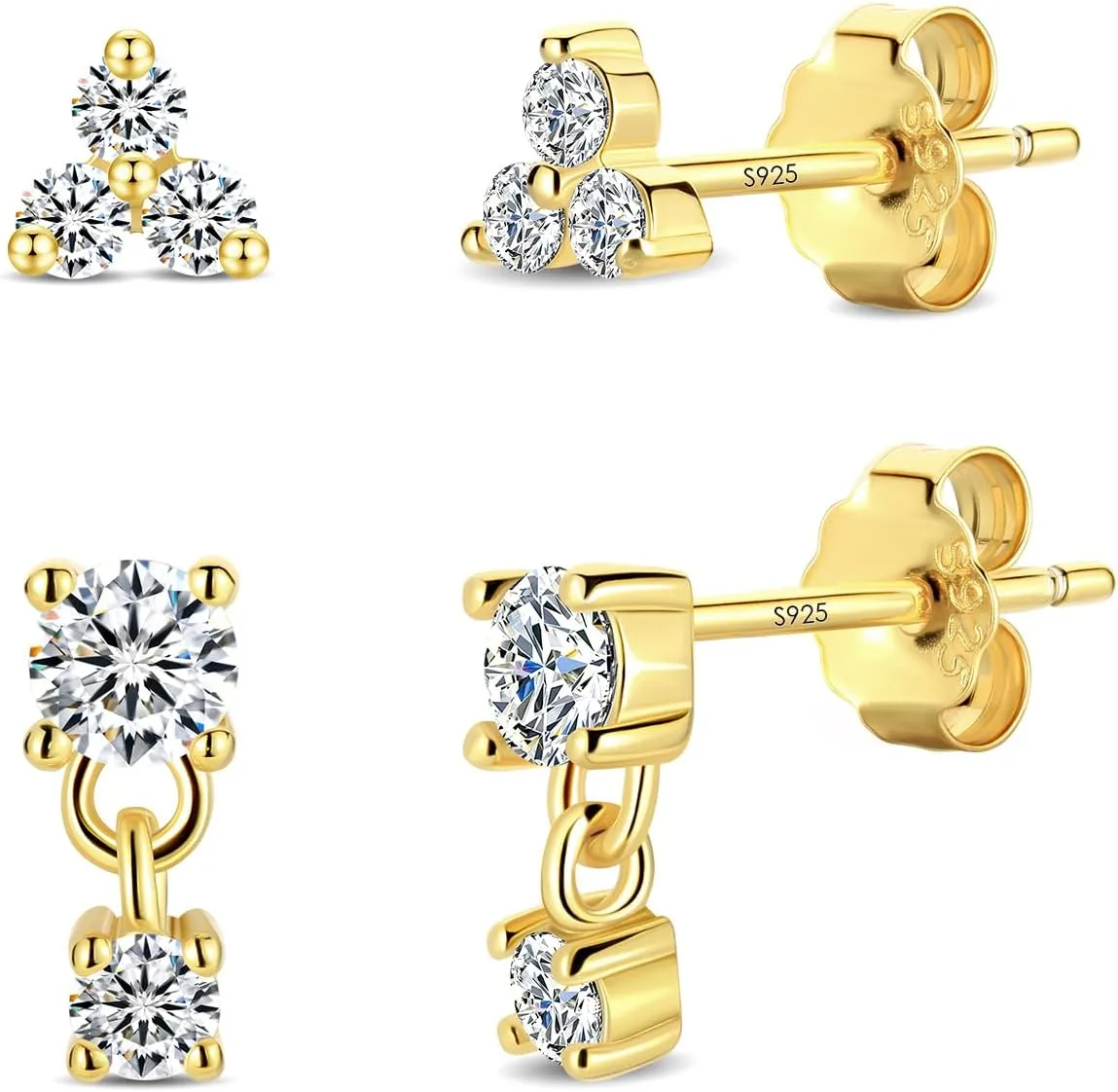 2 Pairs Sterling Silver Moissanite Stud Earrings:14k Gold Plated Delicate Sparkling Round Cut - Silver VVS1 Solitaire Precious Gorgeous Birthday Christmas Valentine's Day Wedding Brides Jewelry Gift Women