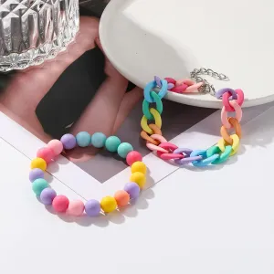 2 PCS Multiple Colorful Beaded Colorful Rainbow Flower Heart Charm Bracelets Set Friendship Acrylic Beaded Stretchy Strand Bracelet Bohemian Summer Beach Rainbow Beads Ankle Bracelet Set for s