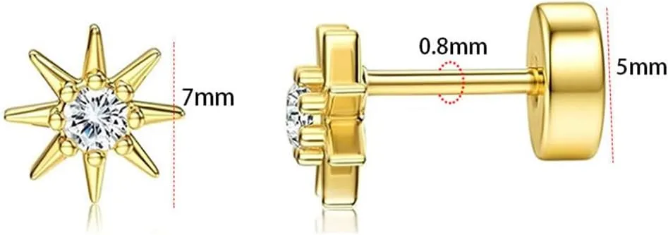 20g Cute CZ Sun Flat Screw Back Small Stud Earrings for Women Men Stainless Steel Silver/Gold Plated Minimalist Crystal Cartilage Tragus Piercings Sleeper Studs Hypoallergenic Fashion Jewelry for Daughter