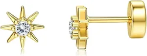 20g Cute CZ Sun Flat Screw Back Small Stud Earrings for Women Men Stainless Steel Silver/Gold Plated Minimalist Crystal Cartilage Tragus Piercings Sleeper Studs Hypoallergenic Fashion Jewelry for Daughter