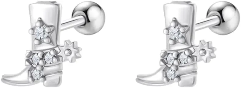 20g Western Cowgirl Boots CZ Small Tiny Stud Earrings for Women Men Cartilage Tragus Barbell Screw Back Cute Stainless Steel Gold Silver Plated Cowboy Boot Little Sleeper Piercing Studs Earring Fashion Jewelry Gifts