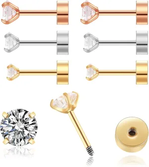 2/3/4mm Flat Back Earrings for Women Men 14k Gold Plated Surgical Steel Stud Earrings Flat Back Cubic Zirconia Earrings for Helix Cartilage Tragus Earlobe Piercing Jewelry