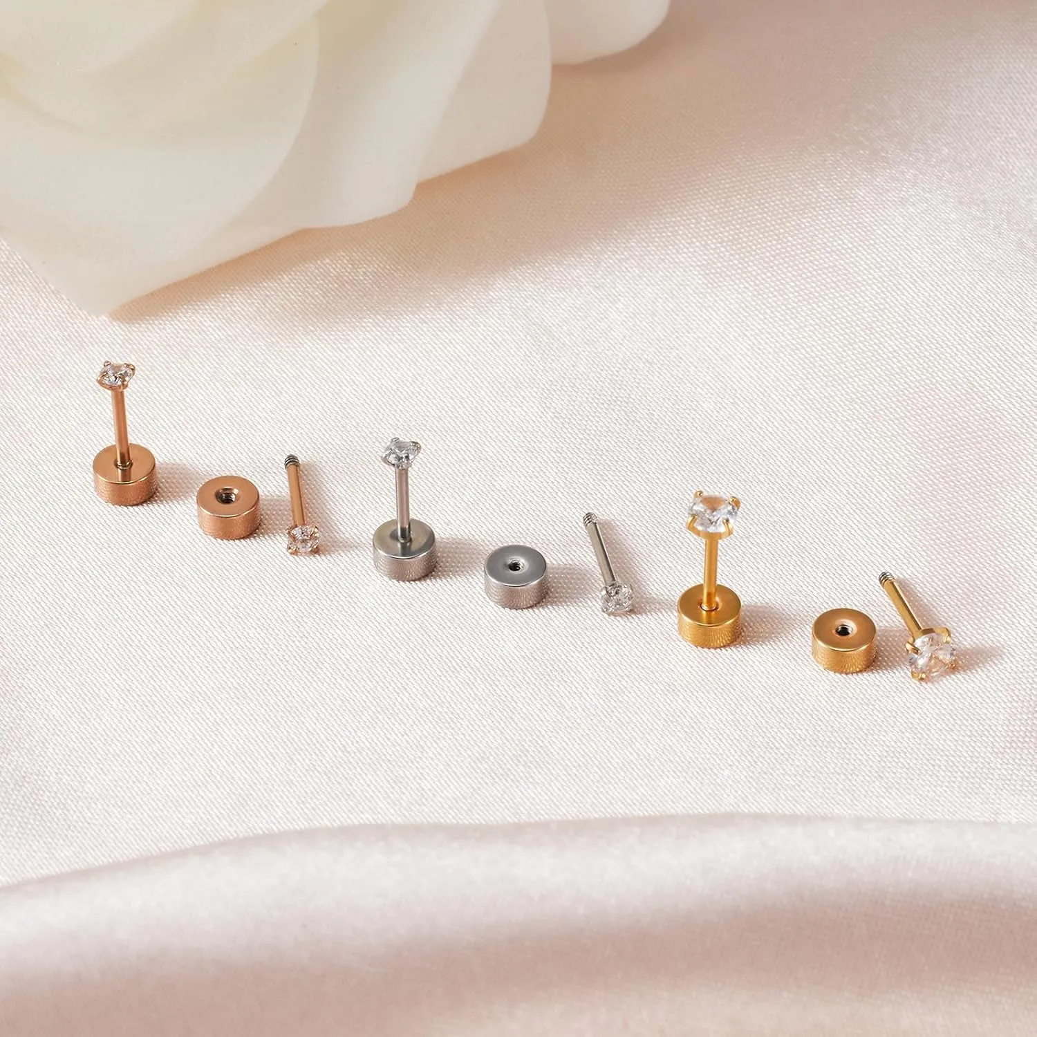 2/3/4mm Flat Back Earrings for Women Men 14k Gold Plated Surgical Steel Stud Earrings Flat Back Cubic Zirconia Earrings for Helix Cartilage Tragus Earlobe Piercing Jewelry
