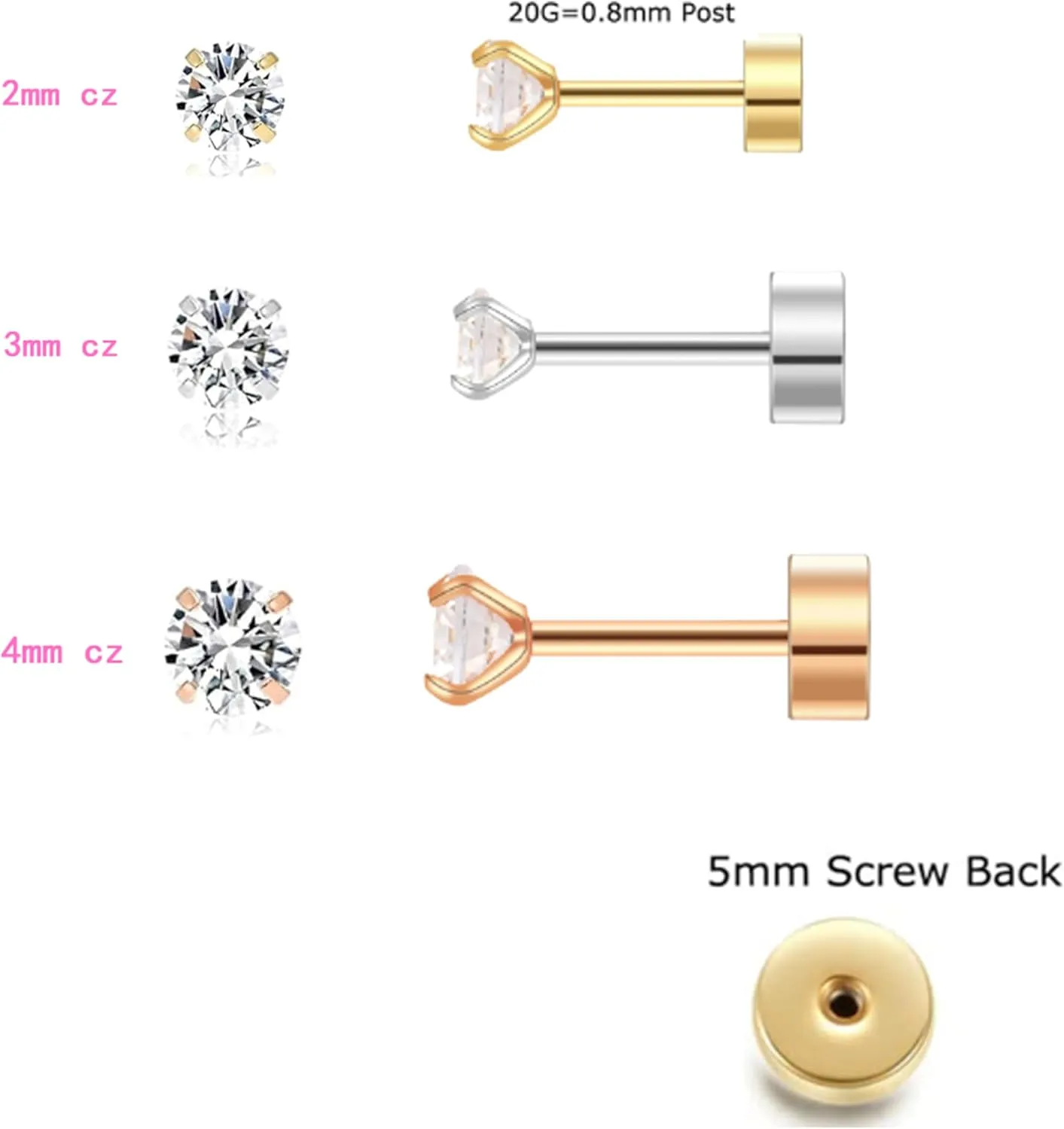 2/3/4mm Flat Back Earrings for Women Men 14k Gold Plated Surgical Steel Stud Earrings Flat Back Cubic Zirconia Earrings for Helix Cartilage Tragus Earlobe Piercing Jewelry