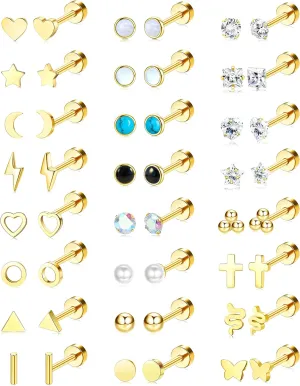 24 Pairs Flat Back Earrings Hypoallergenic Surgical Stainless Steel Earrings Set Small Gold Plated Flat Back Stud Earrings for Women Men Tiny Cartilage Helix Screw Back Flatback Earrings Studs
