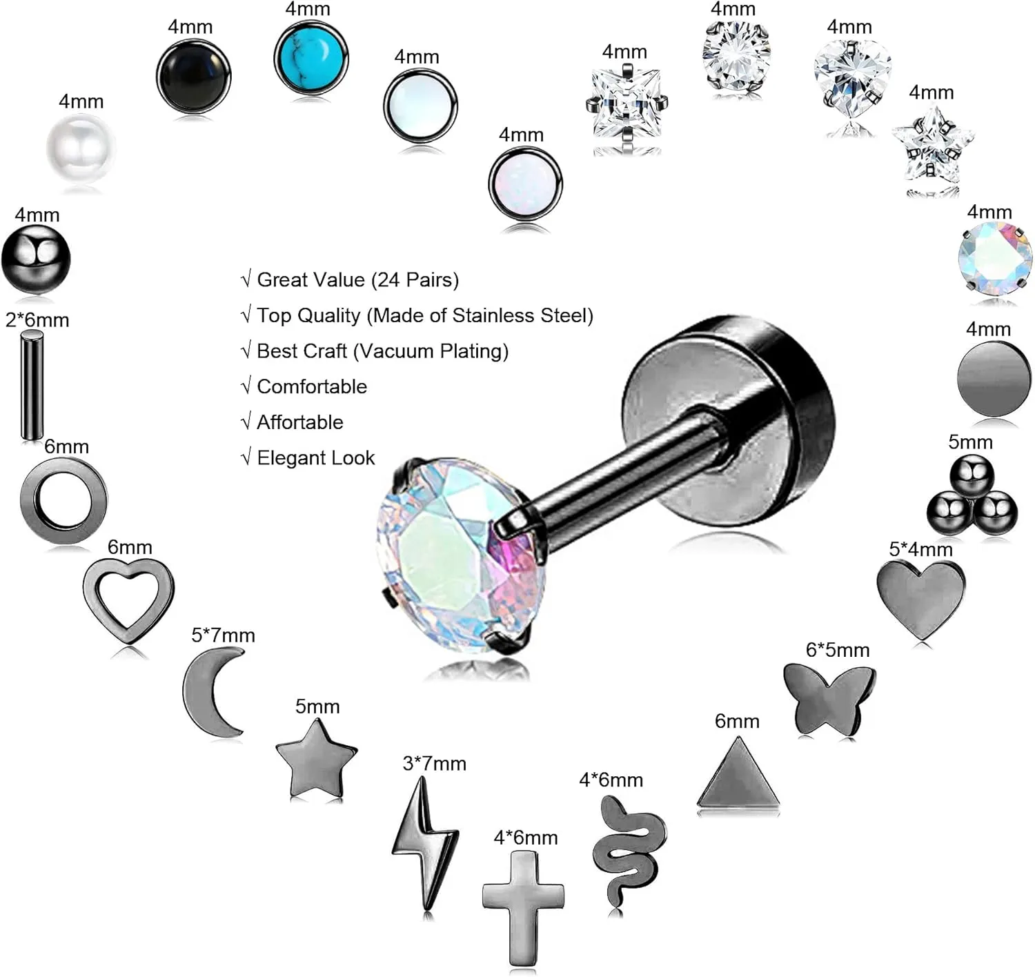 24 Pairs Flat Back Earrings Hypoallergenic Surgical Stainless Steel Earrings Set Small Gold Plated Flat Back Stud Earrings for Women Men Tiny Cartilage Helix Screw Back Flatback Earrings Studs