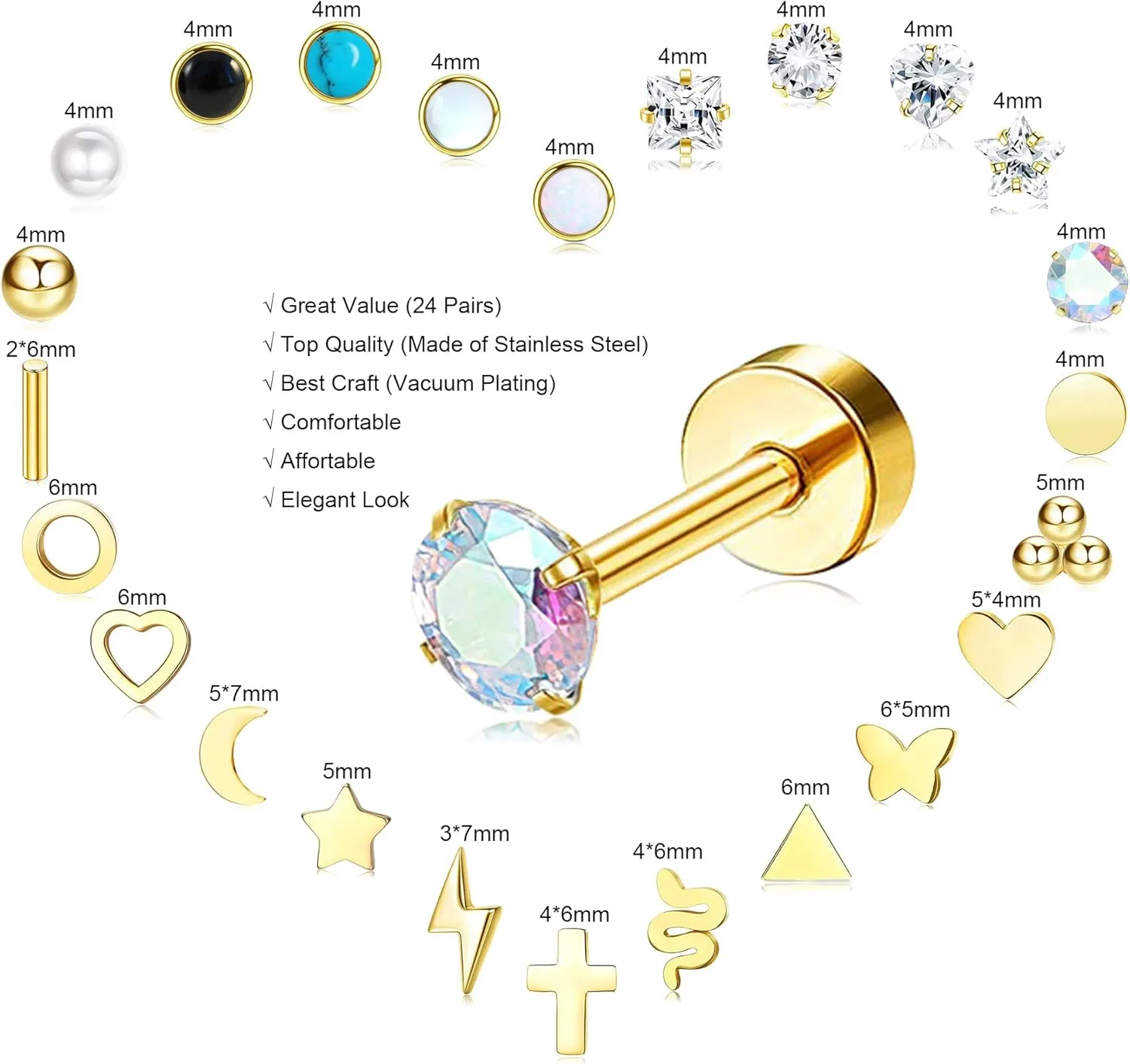 24 Pairs Flat Back Earrings Hypoallergenic Surgical Stainless Steel Earrings Set Small Gold Plated Flat Back Stud Earrings for Women Men Tiny Cartilage Helix Screw Back Flatback Earrings Studs