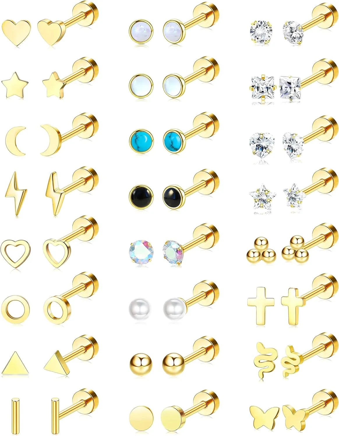 24 Pairs Flat Back Earrings Hypoallergenic Surgical Stainless Steel Earrings Set Small Gold Plated Flat Back Stud Earrings for Women Men Tiny Cartilage Helix Screw Back Flatback Earrings Studs