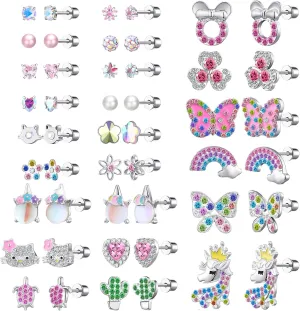 24 Pairs Surgical Steel Flat Back Earrings Set -Secure and Comfortable Screwback Earrings with Diverse Designs, Perfect for Multiple Piercings and Everyday Wear