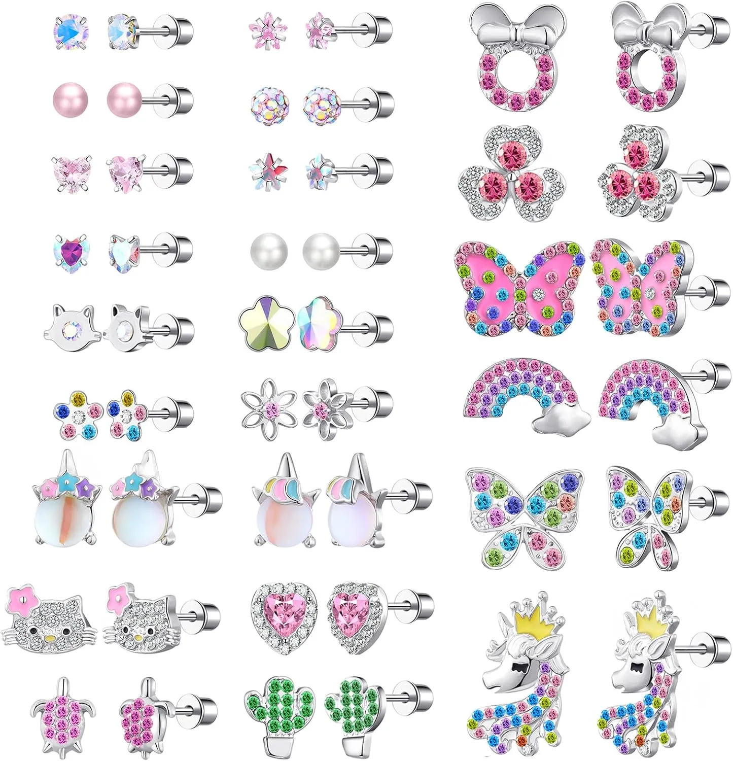 24 Pairs Surgical Steel Flat Back Earrings Set -Secure and Comfortable Screwback Earrings with Diverse Designs, Perfect for Multiple Piercings and Everyday Wear