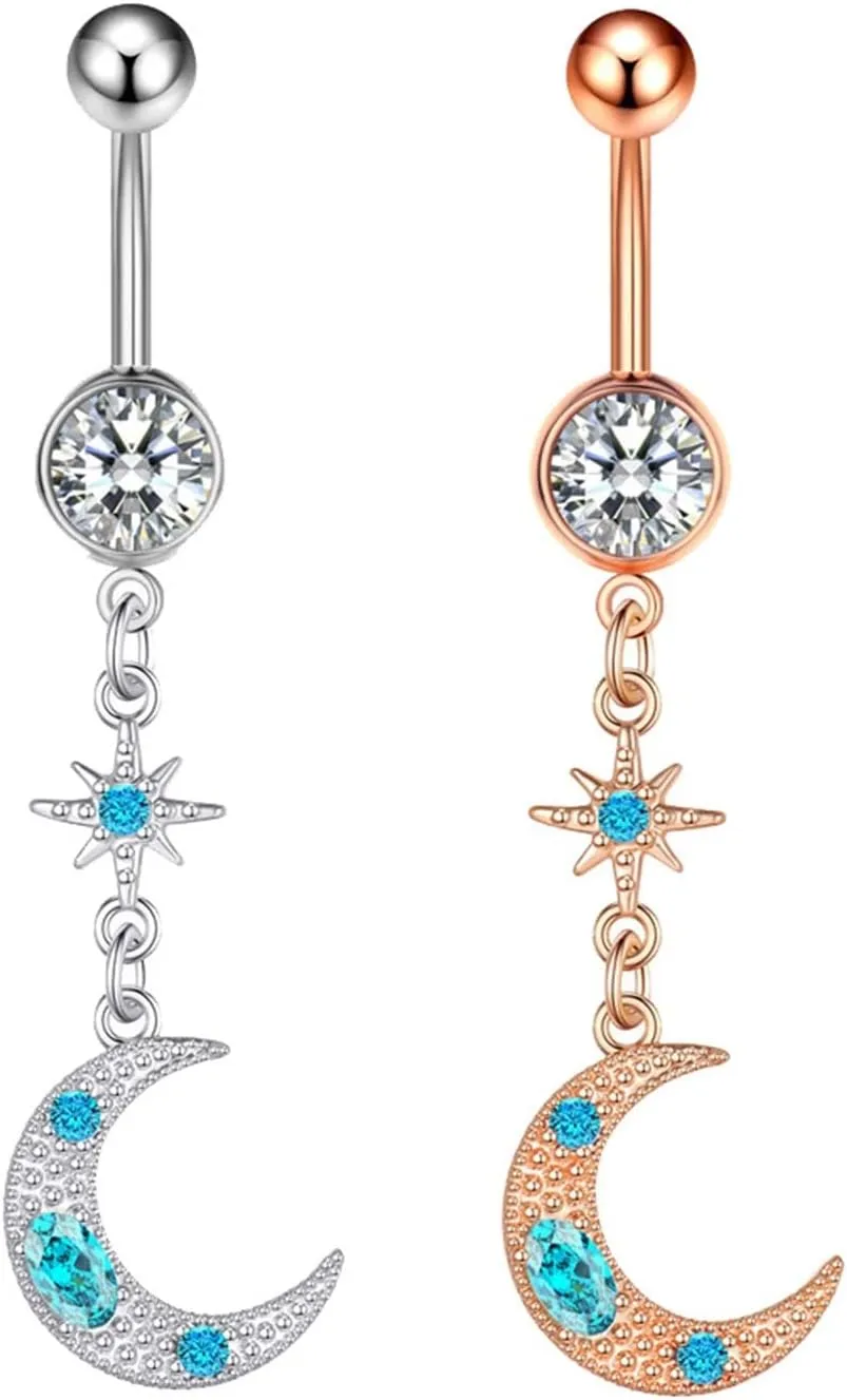 2Pcs 14 Gauge Belly Button Rings Cute, Simple Dangle Navel Rings Silver Rose Gold Moon with Cubic Zirconia