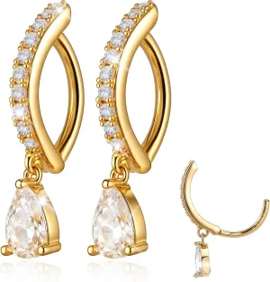 2pcs 14K Gold Plated Belly Button Rings for Women, Surgical Steel Dangle Belly Button Ring, CZ Teardrop Pendant Navel Rings, Simple Barbell Body Piercing Jewelry