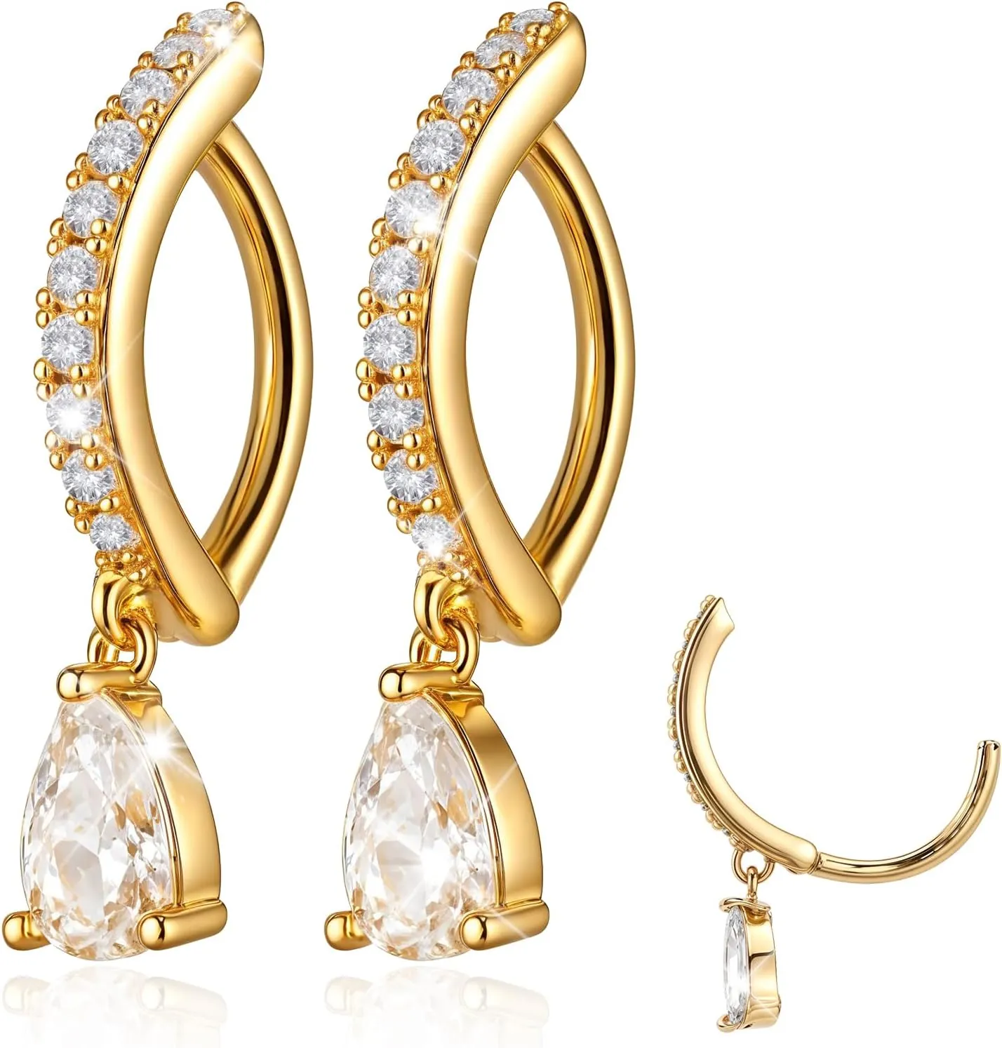 2pcs 14K Gold Plated Belly Button Rings for Women, Surgical Steel Dangle Belly Button Ring, CZ Teardrop Pendant Navel Rings, Simple Barbell Body Piercing Jewelry