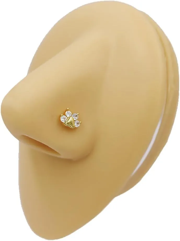 2Pcs 20G Paw Print L-Shaped Stud Nose Rings for Women Stainless Steel Cubic Zirconia Nose Studs Hypoallergenic Nose Piercing Jewelry Gold/Silver