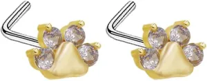 2Pcs 20G Paw Print L-Shaped Stud Nose Rings for Women Stainless Steel Cubic Zirconia Nose Studs Hypoallergenic Nose Piercing Jewelry Gold/Silver