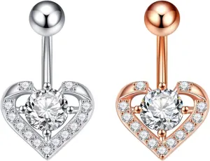 2Pcs Belly Button Ring Surgical Steel, Navel Rings for Women Simple Silver Rose Gold Heart Cubic Zirconia