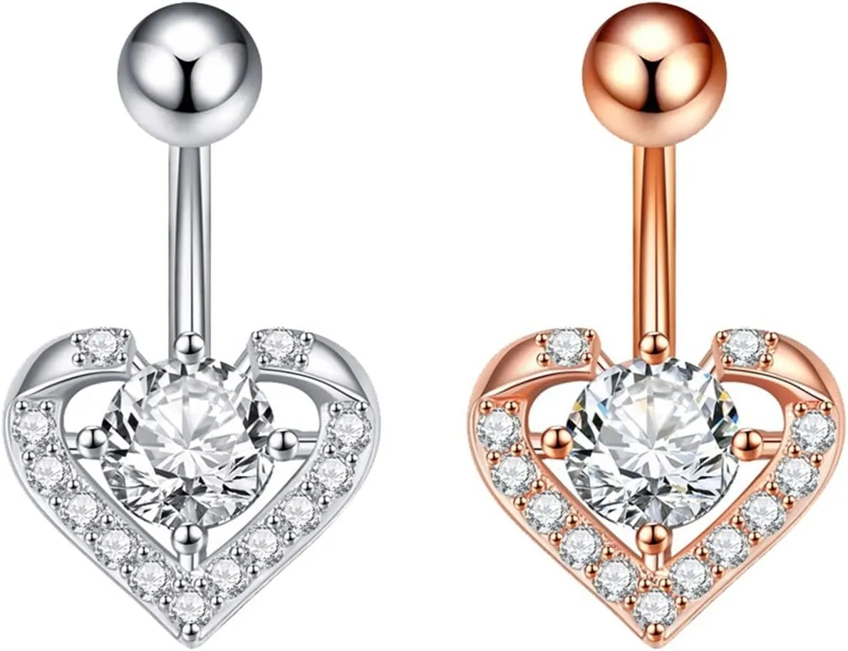 2Pcs Belly Button Ring Surgical Steel, Navel Rings for Women Simple Silver Rose Gold Heart Cubic Zirconia