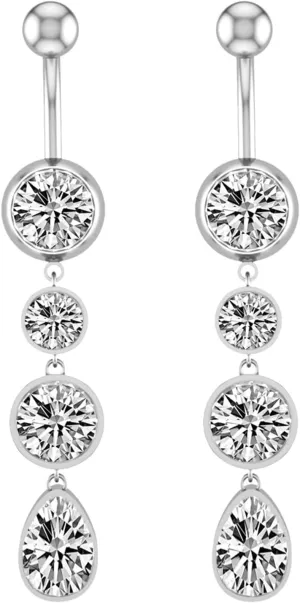 2Pcs Belly Rings Dangling Surgical Steel, Simple Dangle Navel Rings Silver Teardrop Round Cubic Zirconia