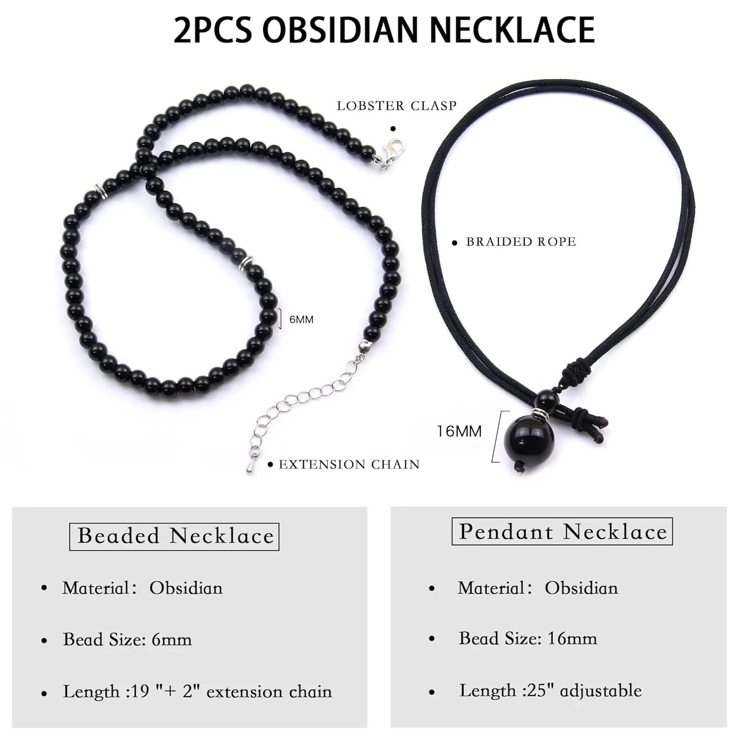 2Pcs Black Obsidian Necklace - Beaded Necklace for Men - Protection Necklace Men Choker Necklaces Obsidian Beads Pendant Jewelry Gifts for Men