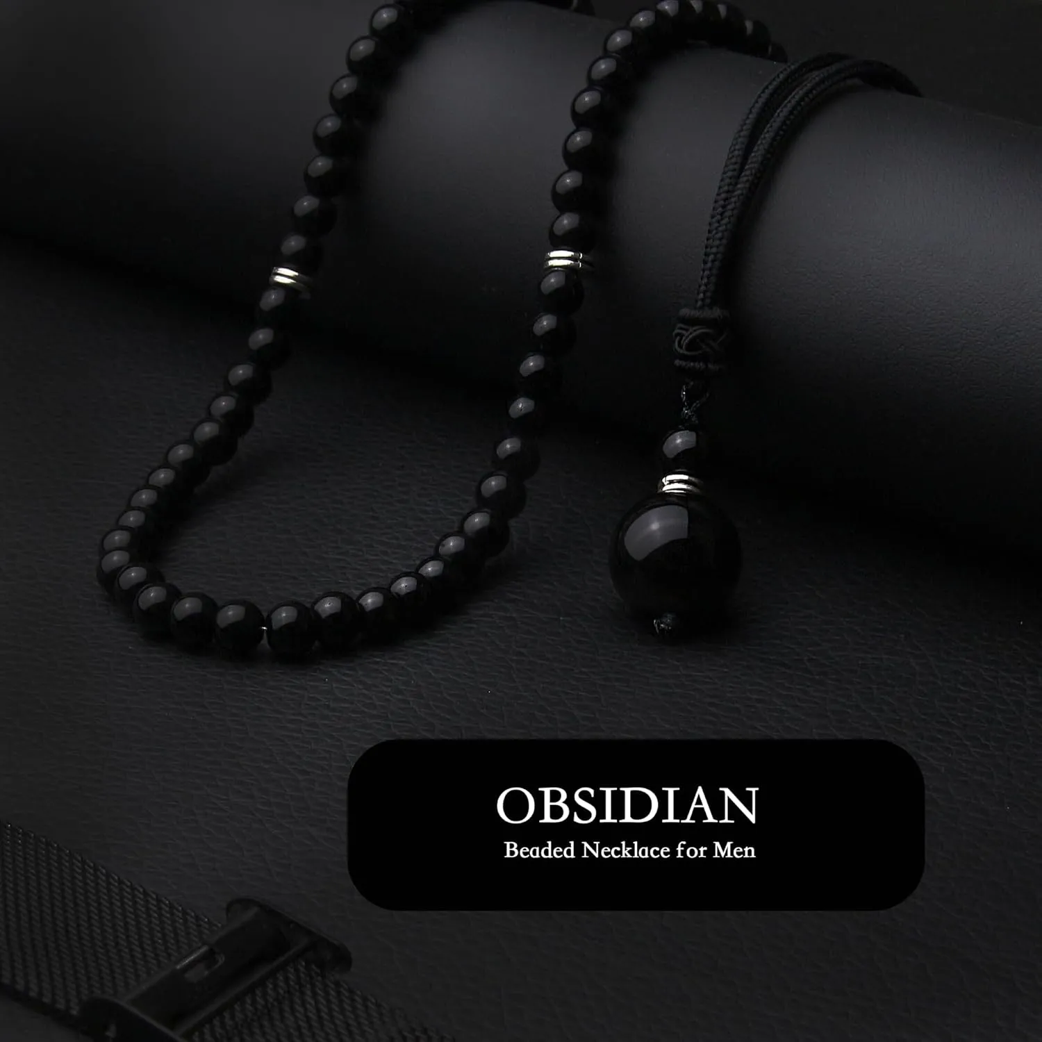 2Pcs Black Obsidian Necklace - Beaded Necklace for Men - Protection Necklace Men Choker Necklaces Obsidian Beads Pendant Jewelry Gifts for Men