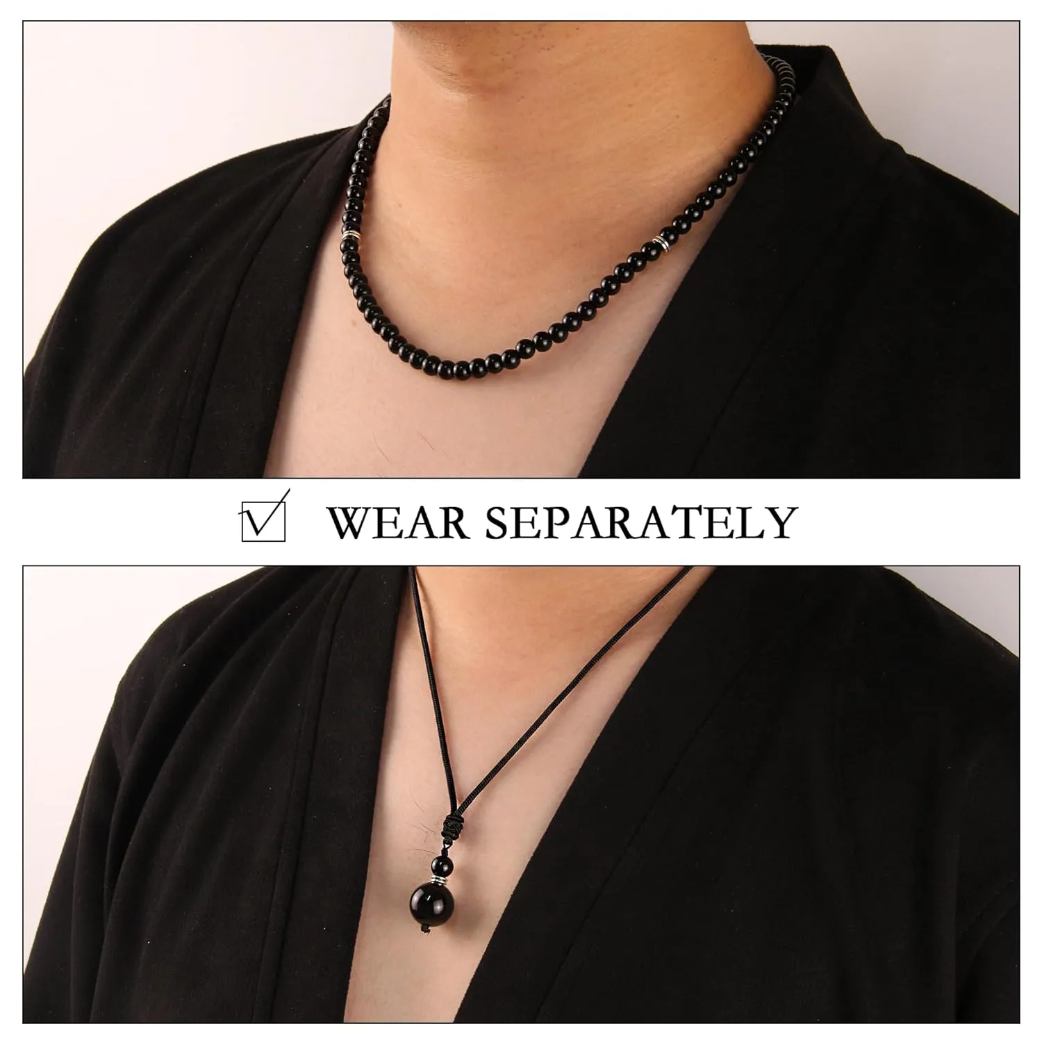 2Pcs Black Obsidian Necklace - Beaded Necklace for Men - Protection Necklace Men Choker Necklaces Obsidian Beads Pendant Jewelry Gifts for Men