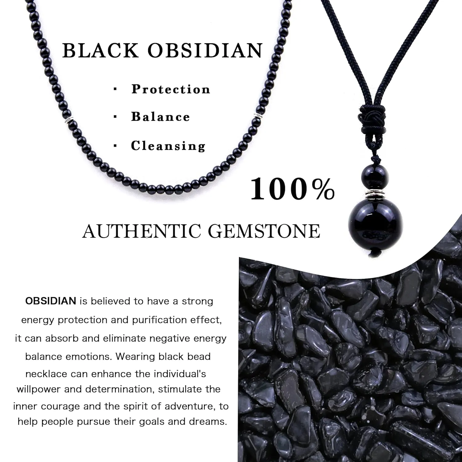 2Pcs Black Obsidian Necklace - Beaded Necklace for Men - Protection Necklace Men Choker Necklaces Obsidian Beads Pendant Jewelry Gifts for Men