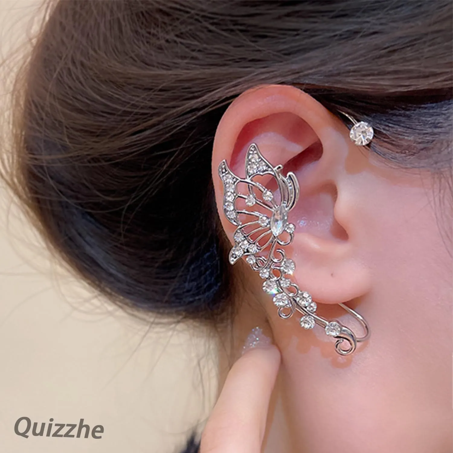 2PCS Butterfly Flowers Ear Cuffs Earrings Non-Pierced Sparkle Crystal Butterfly Tassel Chain Fake Earrings Cartilage Climber Ear Wrap Around Prom Party Ear Jewelry for Women