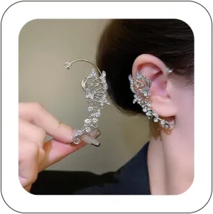 2PCS Butterfly Flowers Ear Cuffs Earrings Non-Pierced Sparkle Crystal Butterfly Tassel Chain Fake Earrings Cartilage Climber Ear Wrap Around Prom Party Ear Jewelry for Women