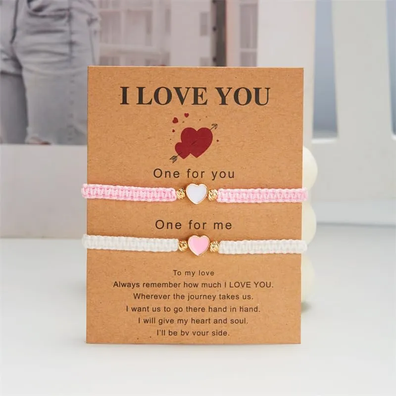 2Pcs Colorful Heart Beaded Matching Bracelets/Pinky Promise Heart Braided Leather Rope Bangle Wrist/Couple Valentines Friendship Gift