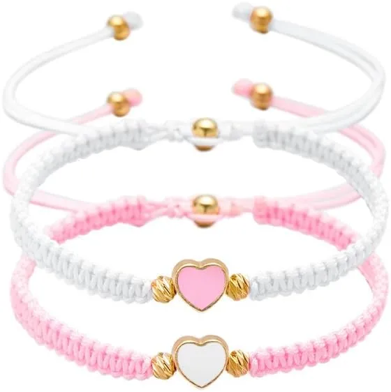 2Pcs Colorful Heart Beaded Matching Bracelets/Pinky Promise Heart Braided Leather Rope Bangle Wrist/Couple Valentines Friendship Gift