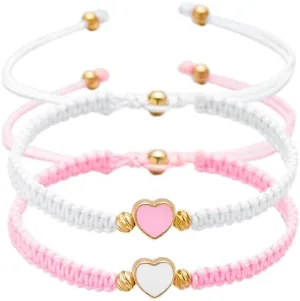 2Pcs Colorful Heart Beaded Matching Bracelets/Pinky Promise Heart Braided Leather Rope Bangle Wrist/Couple Valentines Friendship Gift