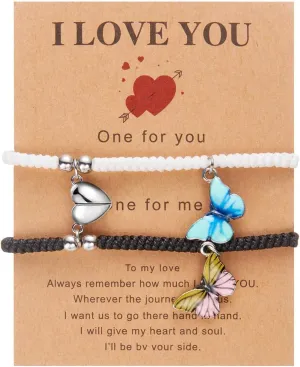 2Pcs Couple Friendship Bracelets Cute Crystal Glow-in-the-dark Butterfly Animal Heart Matching Bracelets Y2k Colorful Butterfly Glass Beaded Elastic Bracelet for Women Men Jewelry Gifts